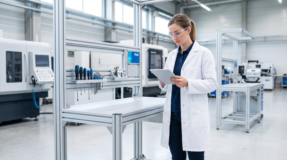 Engineer reviewing a modular precision workstation layout on a manufacturing floor.